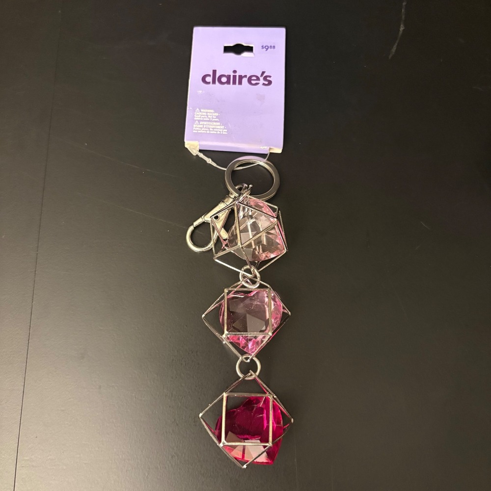 NWT Claire's Pink Gem Dangle Keychain Charm Silver Tone Geometric Shapes